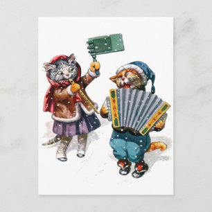 Carte Postale Chats mignons Jouer l'Accordion dans la neige