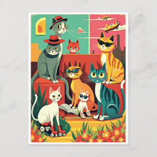 Carte Postale Chats modernes du milieu du siècle en vacances