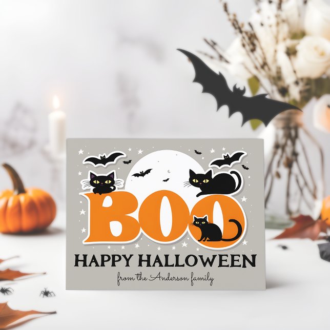 Carte Postale Chats noirs et chauves-souris de Boo Joyeux Hallow (🦇🎃 Spooky Delights: Personalized Halloween Postcard! 👻)