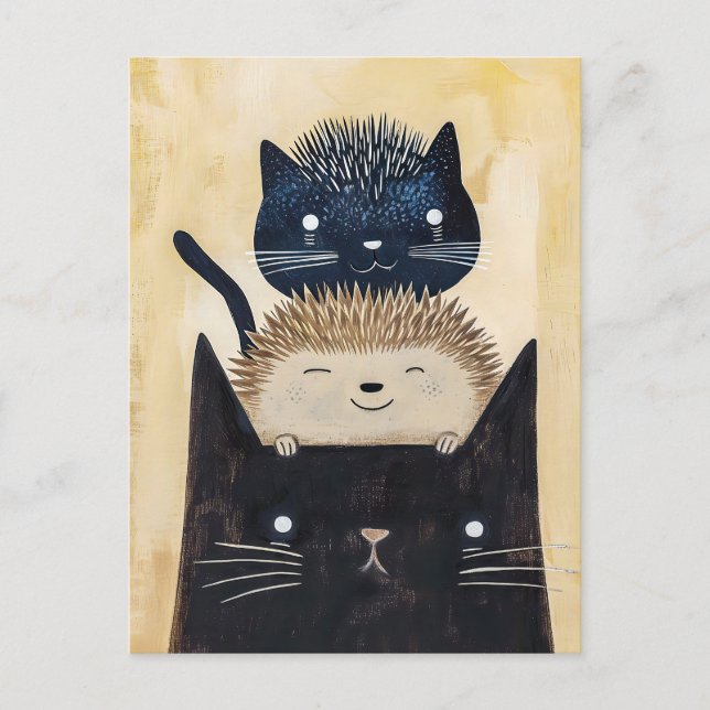 Carte Postale Chats noirs et hérisson (Devant)