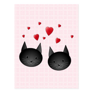 Carte Postale Chats noirs mignons avec des coeurs, sur pâle ,