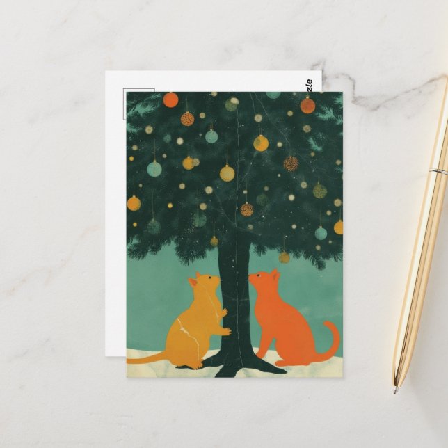 Carte Postale Chats roux sous l'arbre de Noël (Devant/Arrière en situation)