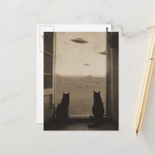 Carte Postale Chats sépia et ovnis