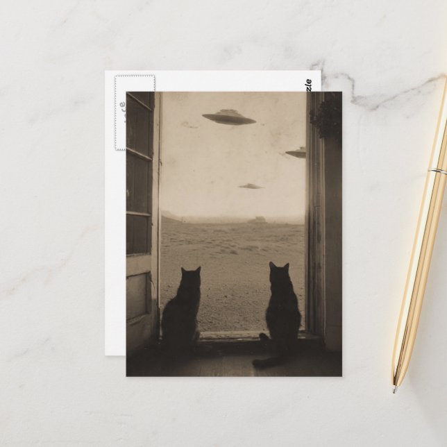Carte Postale Chats sépia et ovnis (Devant/Arrière en situation)