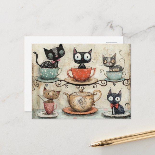 Carte Postale Chats Whimsical Tea Cup (Devant/Arrière en situation)