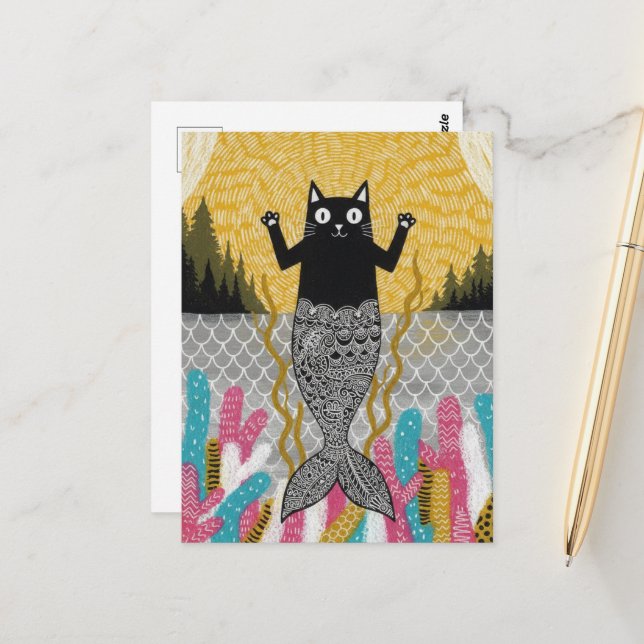 Carte Postale Chatte sirène unique (Devant/Arrière en situation)