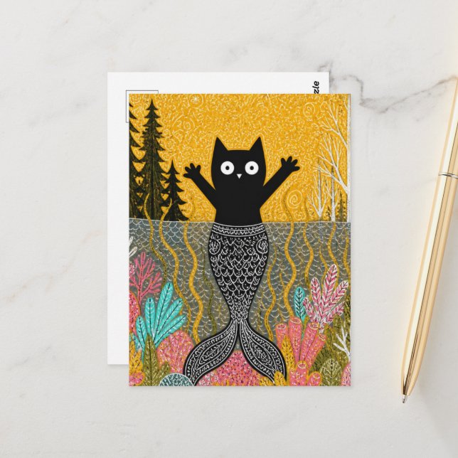 Carte Postale Chatte sirène unique (Devant/Arrière en situation)