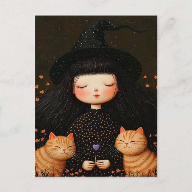 Carte postale Chatte sorcière et chats Halloween (Devant)