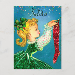 Carte Postale Chaussettes rouges de Noël vintage pailletées mono