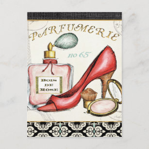 Carte Postale Chaussure rouge, Bouteille de parfum et Poudre rou
