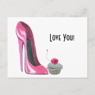 Carte Postale Chaussure Stiletto Rose et cerise Cupcake