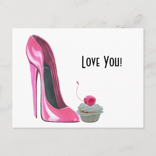 Carte Postale Chaussure Stiletto Rose et cerise Cupcake (Devant)
