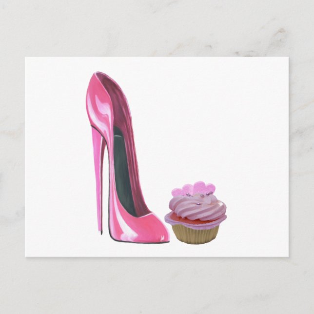 Carte Postale Chaussure Stiletto Rose et Cupcake (Devant)