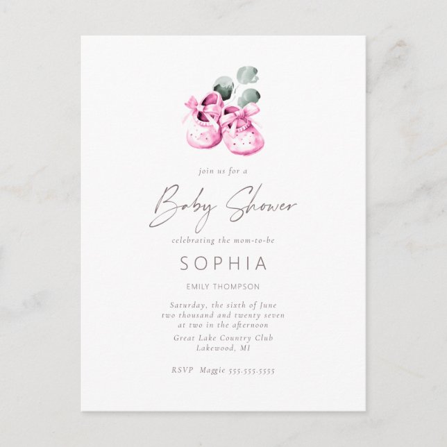 Carte Postale Chaussures de bébé rose Baby shower délicat (Devant)