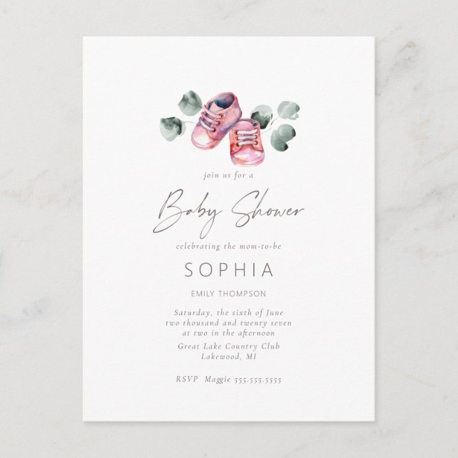 Carte Postale Chaussures de bébé rose Baby shower délicat (Devant)