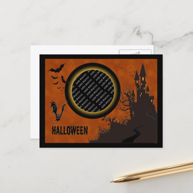 Carte Postale Chauve-souris, cadre photo de maison hantée et cie (Devant/Arrière en situation)