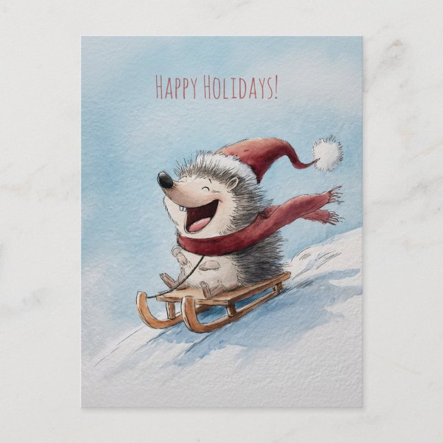 Carte Postale Cheerful hedgehog rides sled down, Christmas  (Devant)