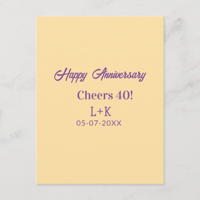 Carte Postale Cheers 40 happy anniversary purple orange pastel n (Devant)