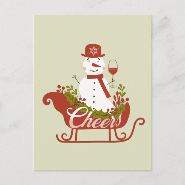 Carte Postale Cheers Bonhomme de neige avec du vin et traîneau d (Devant)