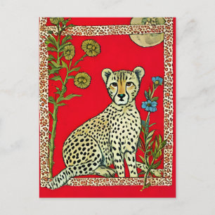 Carte Postale Cheetah sur un Arrière - plan rouge avec fleurs