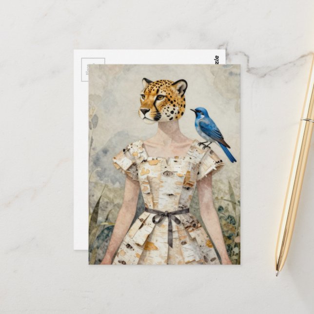 Carte Postale Cheetah Woman in a Birch Bark Dress Fashion  (Devant/Arrière en situation)