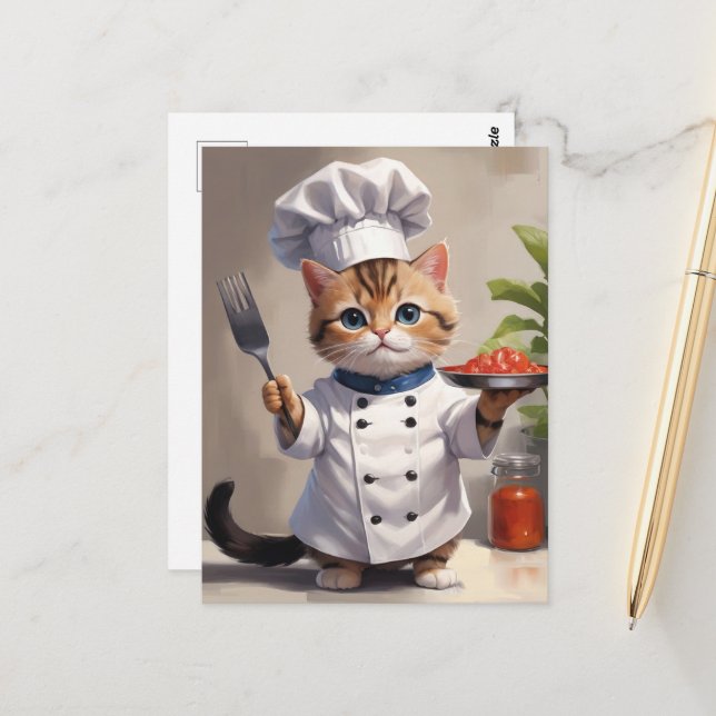 Carte Postale Chef Calico Kitten avec Cuisson Cuite à la fourche (Devant/Arrière en situation)