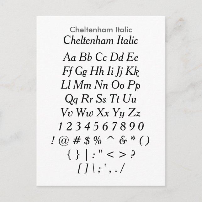 Carte Postale Cheltenham Italic - Zazzle Fiche d'échantillon (Devant)