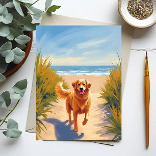 Carte Postale Chemin de plage Golden Retriever   Chien océan fam