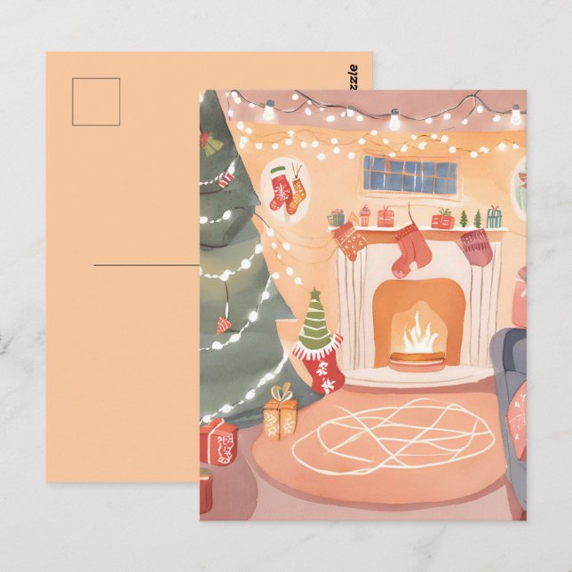 Carte Postale Cheminée de Noël à l'aquarelle (Devant / Derrière)