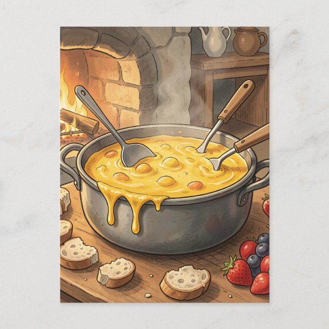 Carte Postale Cheminée Fondue de Fromage Cosy (Devant)