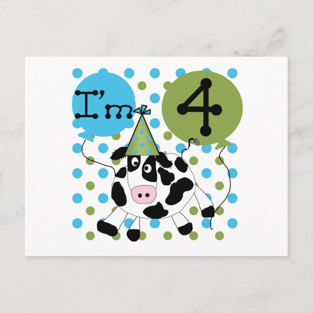 Carte Postale Chemises et cadeaux Blue Cow 4th Birthday (Devant)