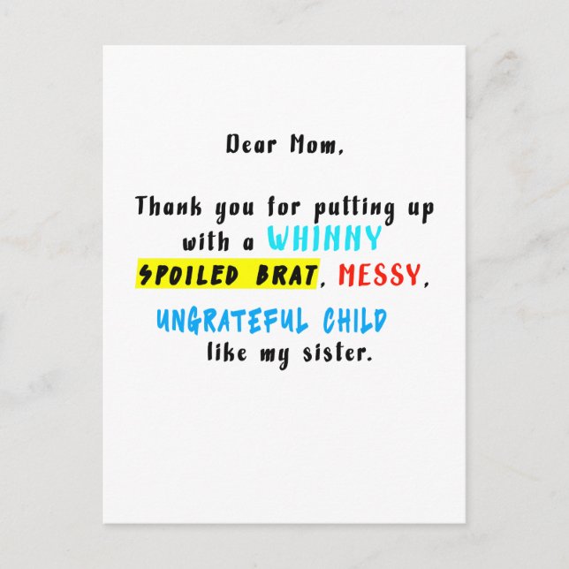 Carte Postale Chère maman merci d'avoir supporté une sale gosse  (Devant)