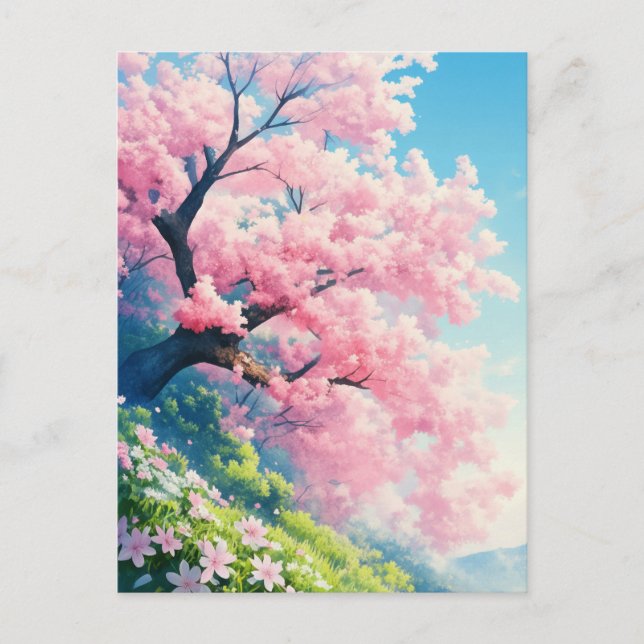 Carte Postale Cherry Blossom Tree on Sunny Green Hillside (Devant)