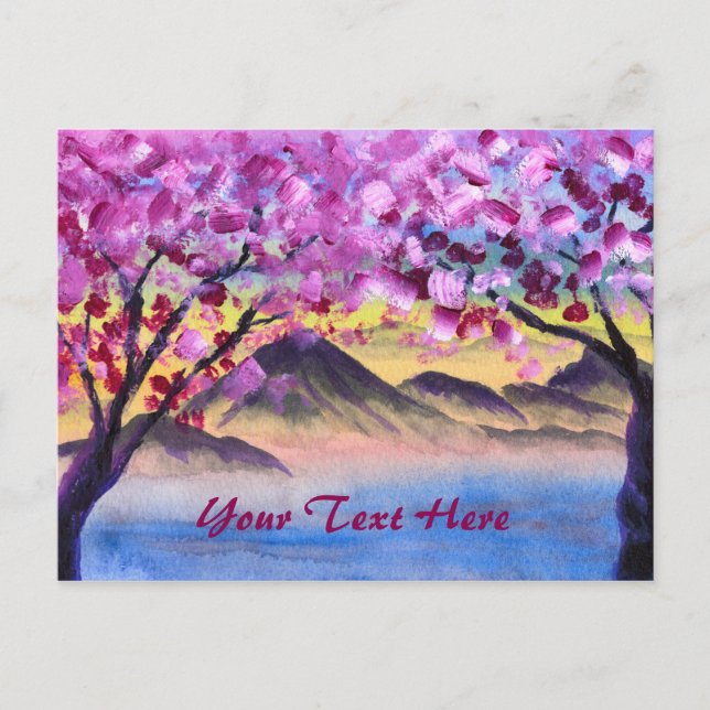 Carte Postale Cherry Blossom Trees Lake Dusk Mountains Paysage (Devant)