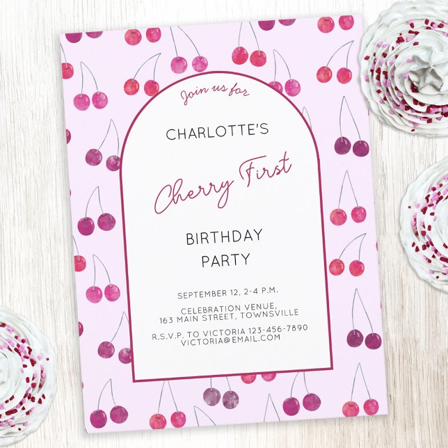 Carte Postale Cherry Pink Première fête d'anniversaire Invitatio (Pink watercolor cherries Cherry First birthday party invitation with custom text)