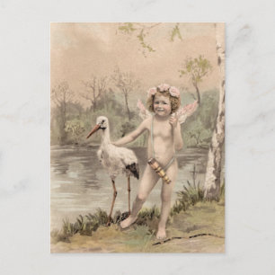 Carte Postale Cherub vintage avec cigogne près du lac