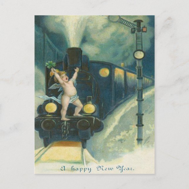 Carte Postale Chérubin Ange Trèfle à Quatre Feuilles Train (Devant)