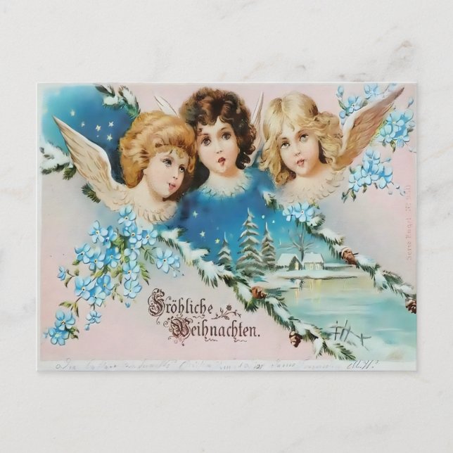 Carte Postale Chérubins Vintage sur Toit enneigé (Devant)