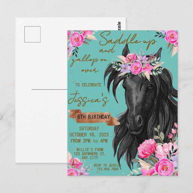 Carte Postale Cheval à l'aquarelle anniversaire cowgirl (Devant / Derrière)