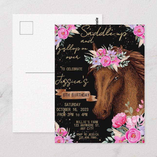 Carte Postale Cheval à l'aquarelle fête d'anniversaire cheval (Devant / Derrière)