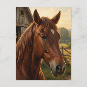Carte Postale Cheval Alezan Heure Dorée Grange