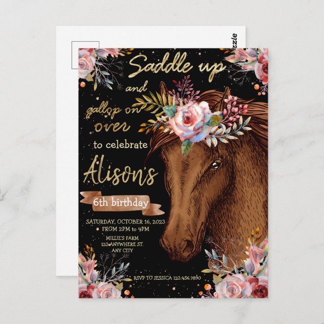 Carte Postale Cheval aquarelle cheval anniversaire fête  (Devant / Derrière)