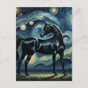 Carte Postale Cheval arabe noir dans la nuit étoilée de Van Gogh