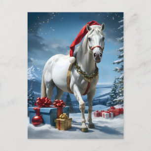 Carte Postale cheval avec chapeau santa et cadeaux de noël
