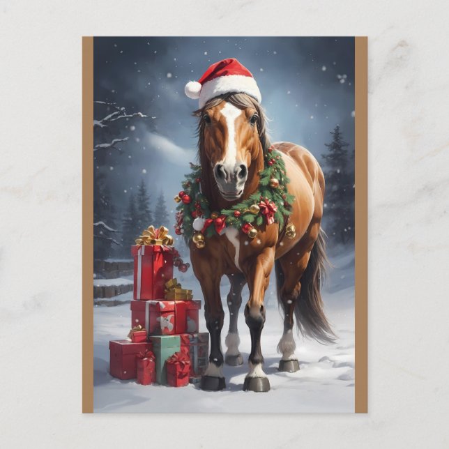 Carte Postale cheval avec chapeau santa et cadeaux de noël (Devant)