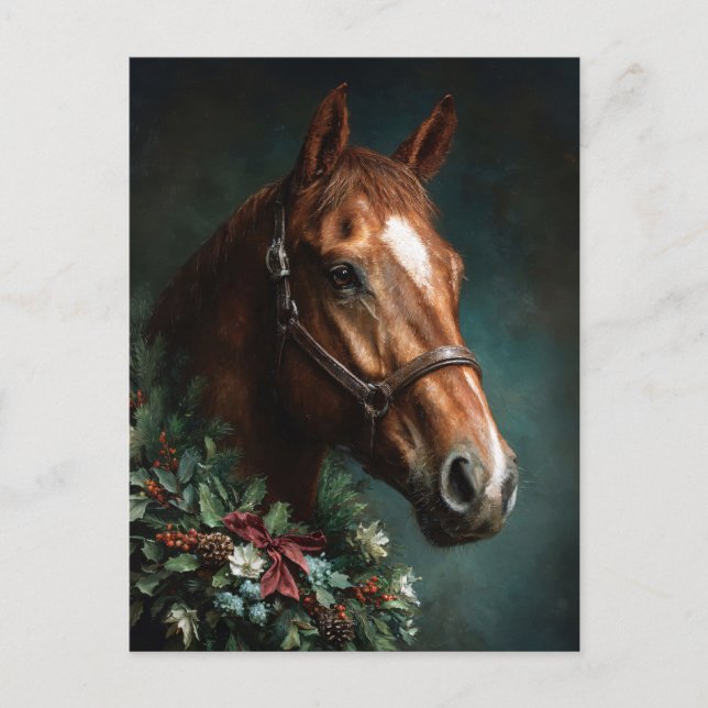 Carte Postale Cheval avec couronne de vacances et ruban rouge (Devant)