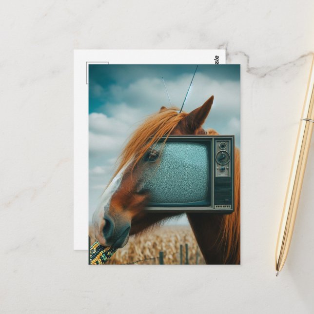 Carte Postale Cheval avec une face TV vintage (Devant/Arrière en situation)