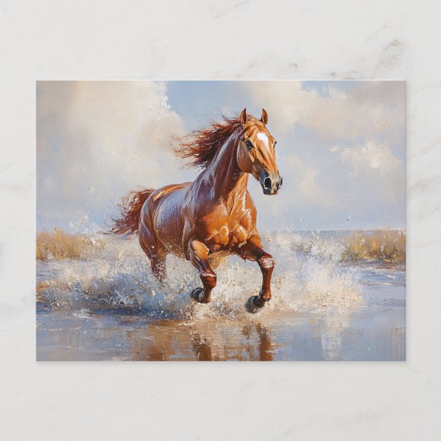 Carte Postale Cheval Brown de châtaignier courant sur la plage (Devant)