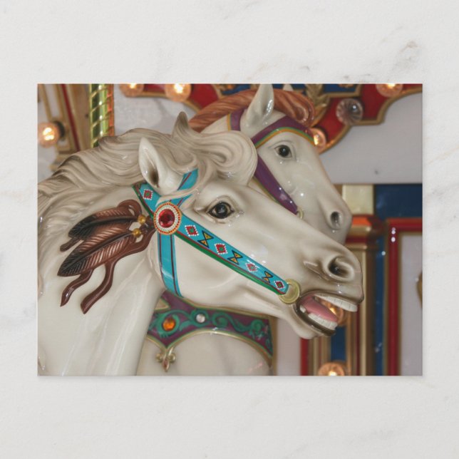 Carte Postale Cheval carrousel blanc avec brique bleue (Devant)