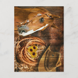 Carte Postale Cheval Chapeau de Cowboy Lasso Tournesol Grange Ru